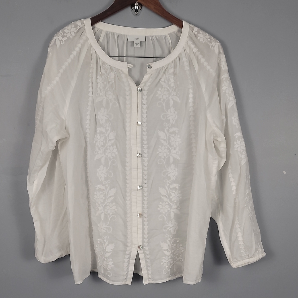 J. Jill Cream Cotton Embroidered Puff Sleeve Blouse Oversized Relaxed Fit